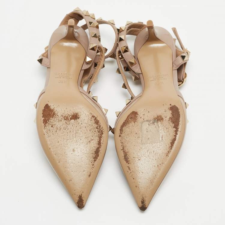 Pre Owned Valentino Beige Leather and Patent Rockstud Caged Pumps Size 35.5