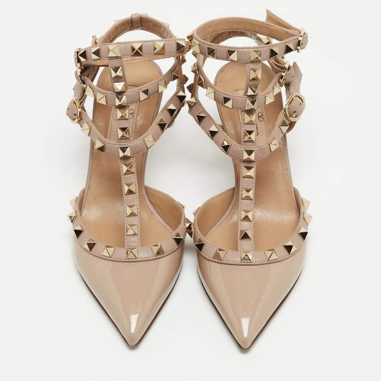 Pre Owned Valentino Beige Leather and Patent Rockstud Caged Pumps Size 35.5