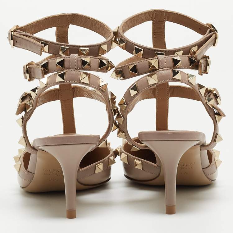 Pre Owned Valentino Beige Leather and Patent Rockstud Caged Pumps Size 35.5