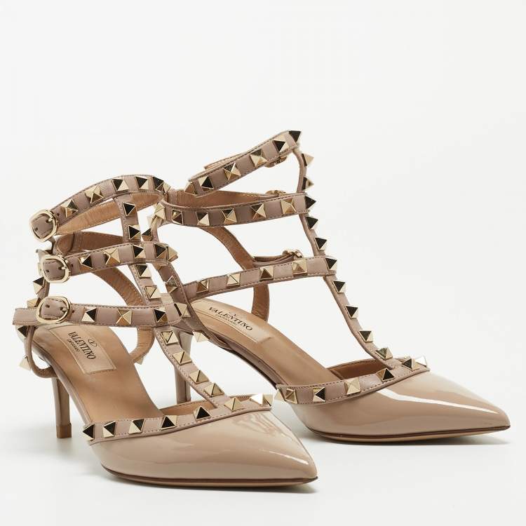 Pre Owned Valentino Beige Leather and Patent Rockstud Caged Pumps Size 35.5