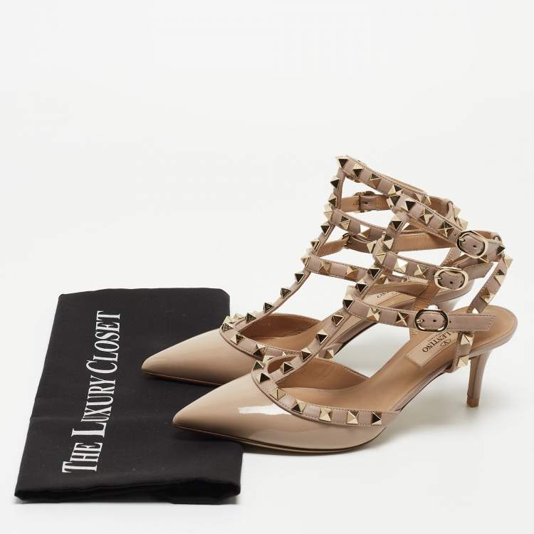 Pre Owned Valentino Beige Leather and Patent Rockstud Caged Pumps Size 35.5