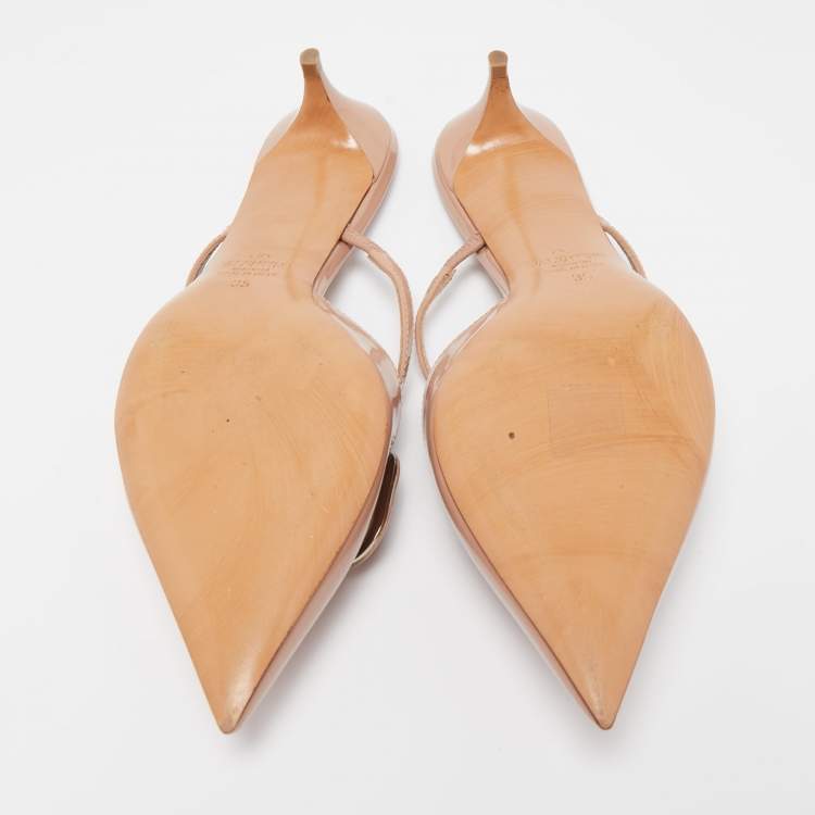 Pre Owned Valentino Beige Patent Leather Escape V logo Pointed Toe Mules Size 35