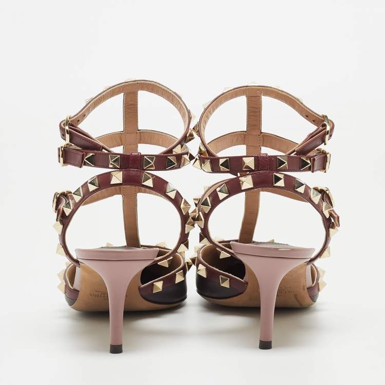 Pre Owned Valentino Burgundy/Pink Leather Rockstud  Ankle Strap Pumps Size 38