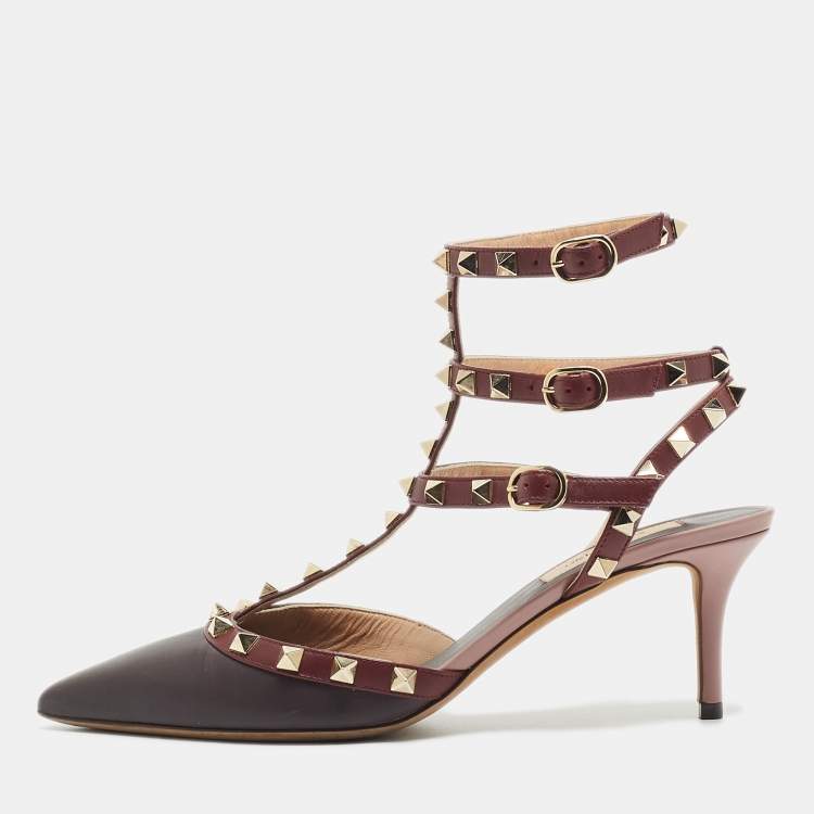 Pre Owned Valentino Burgundy/Pink Leather Rockstud  Ankle Strap Pumps Size 38