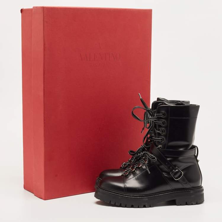 Pre Owned Valentino Black Leather Combat Boots Size 37