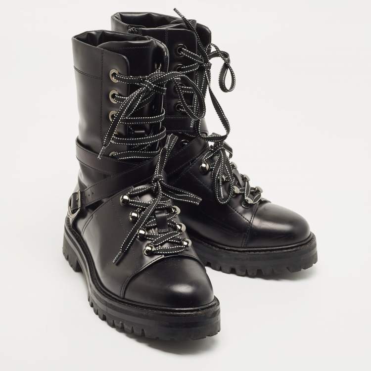 Pre Owned Valentino Black Leather Combat Boots Size 37
