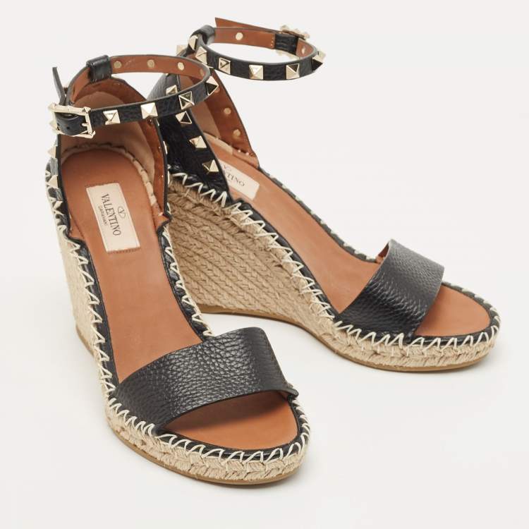 Pre Owned Valentino Black Leather Rockstud Espadrille Wedge Ankle Strap Sandals Size 38