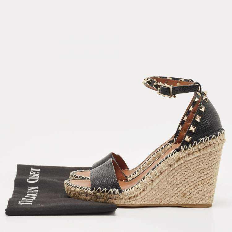 Pre Owned Valentino Black Leather Rockstud Espadrille Wedge Ankle Strap Sandals Size 38