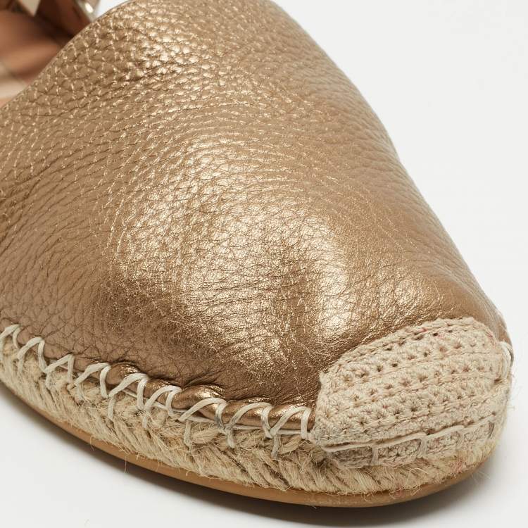 Pre Owned Valentino Metallic Brown Leather Rockstud Ankle Wrap Espadrille Flat Sandals Size 40