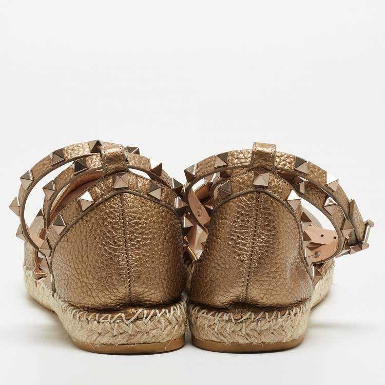 Pre Owned Valentino Metallic Brown Leather Rockstud Ankle Wrap Espadrille Flat Sandals Size 40