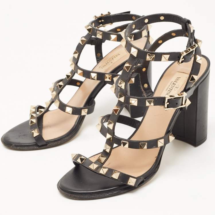 Pre Owned Valentino Black Leather Rockstud Ankle Strap Sandals Size 37