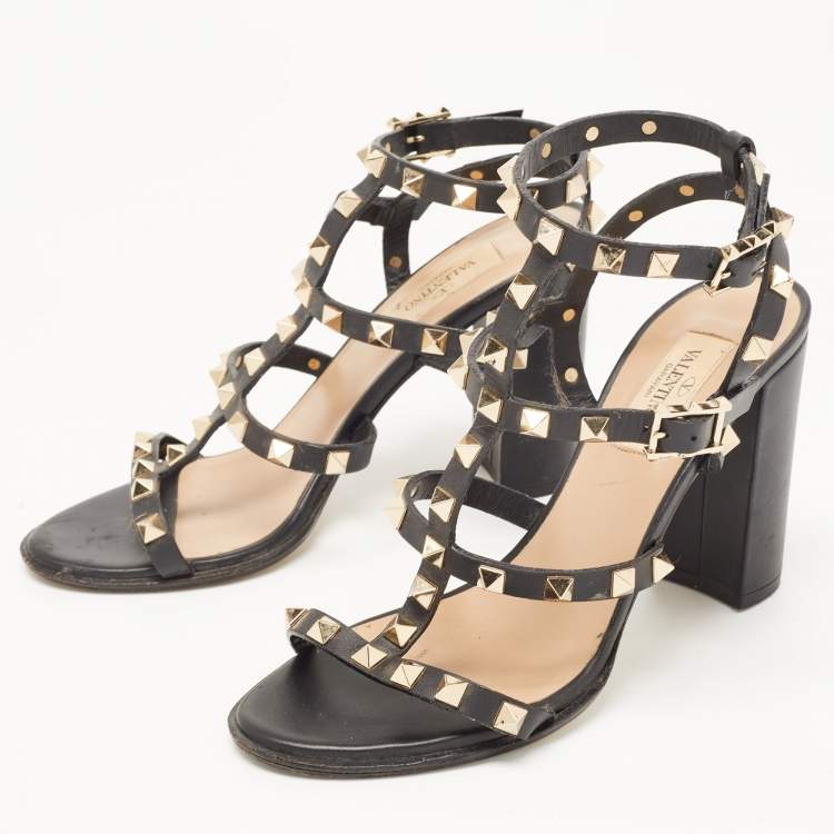 Pre Owned Valentino Black Leather Rockstud Ankle Strap Sandals Size 37