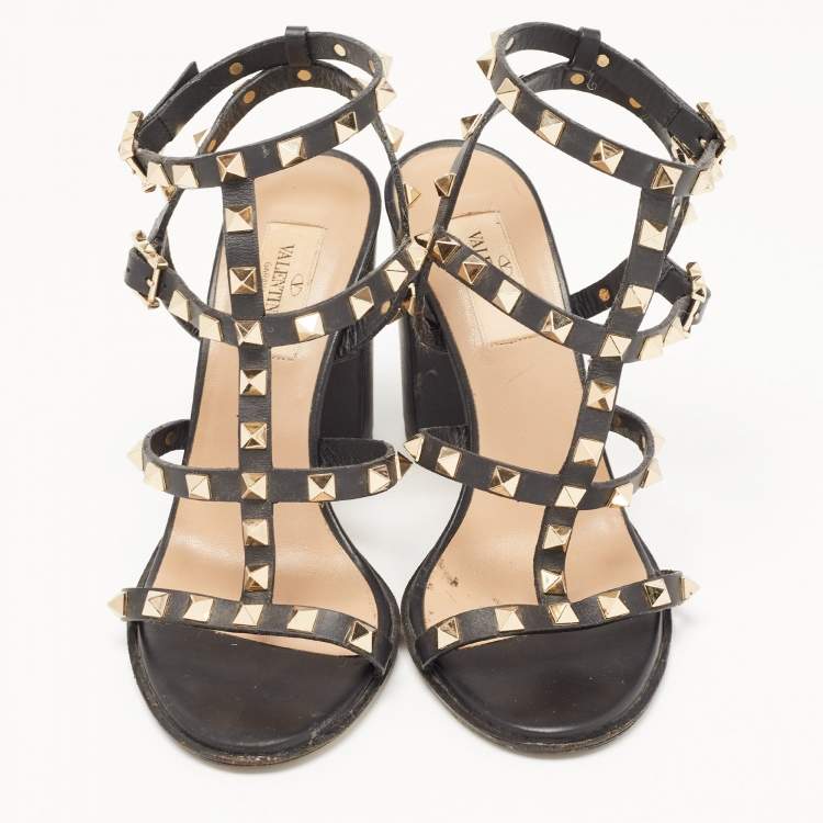 Pre Owned Valentino Black Leather Rockstud Ankle Strap Sandals Size 37