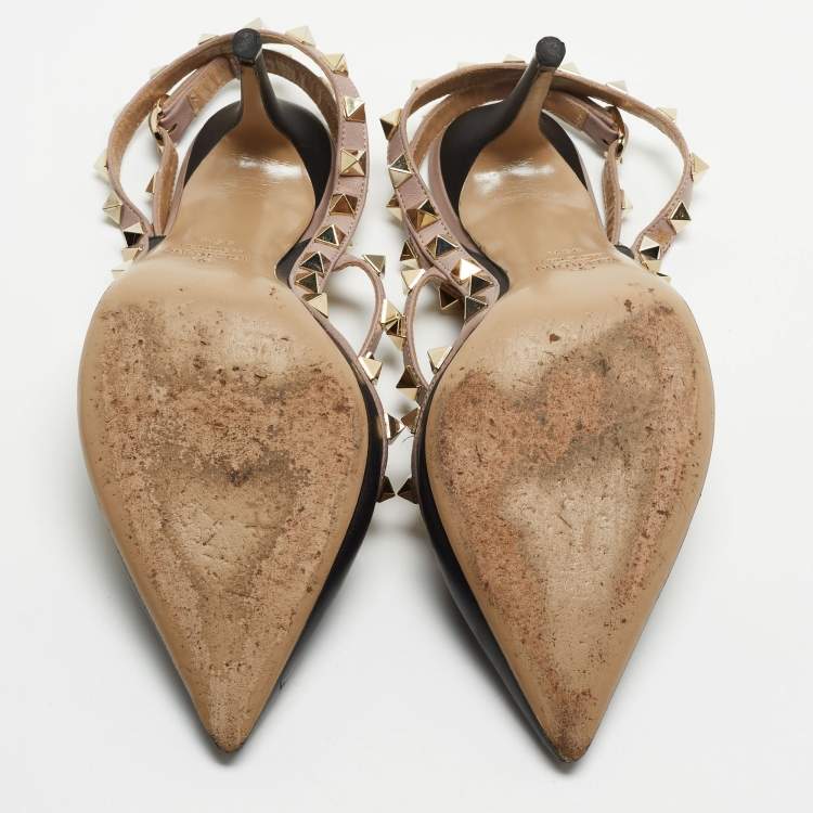 Pre Owned Valentino Black/Beige Leather Rockstud Strappy Pointed Toe Pumps Size 35.5