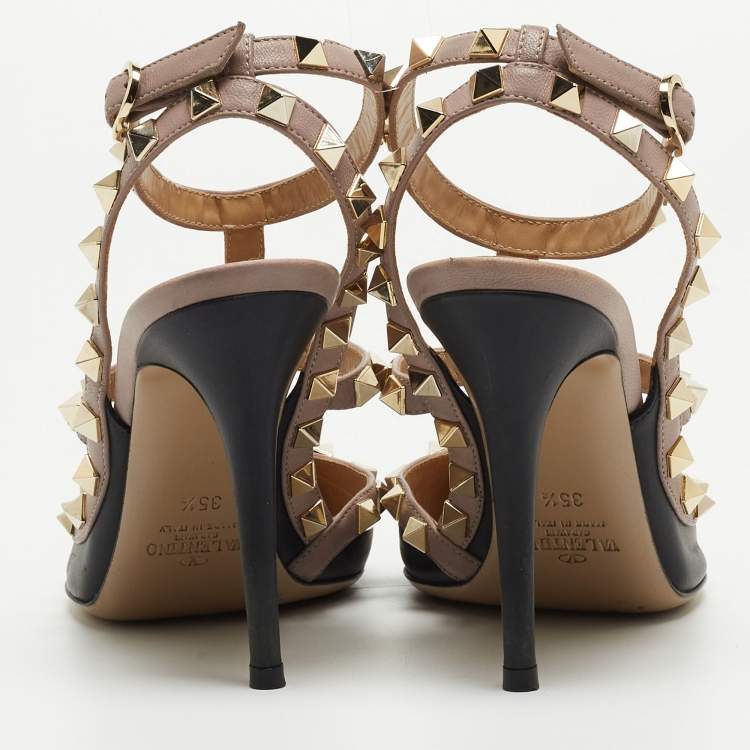 Pre Owned Valentino Black/Beige Leather Rockstud Strappy Pointed Toe Pumps Size 35.5