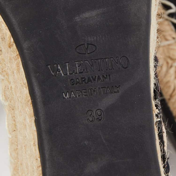 Pre Owned Valentino Black Canvas Rockstud Butterfly Applique Espadrille Wedge Pumps Size 39