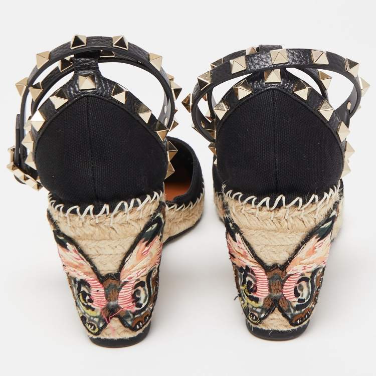 Pre Owned Valentino Black Canvas Rockstud Butterfly Applique Espadrille Wedge Pumps Size 39