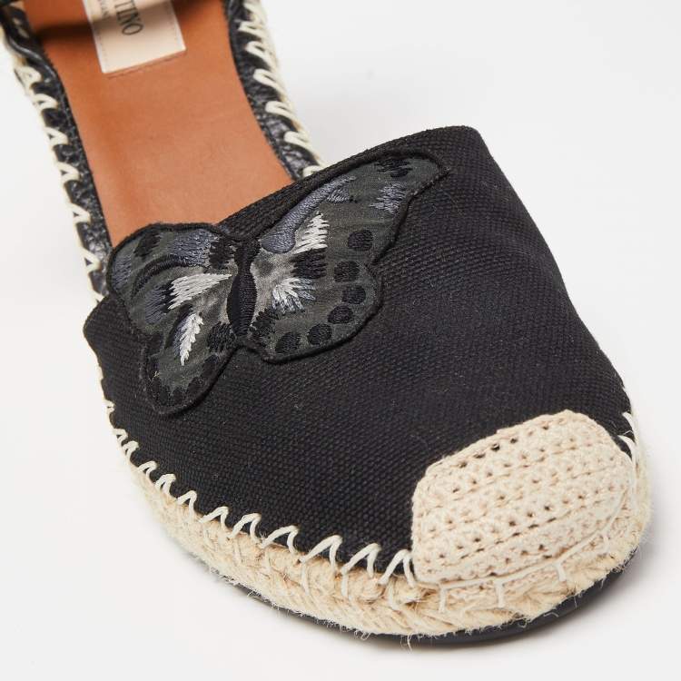 Pre Owned Valentino Black Canvas Rockstud Butterfly Applique Espadrille Wedge Pumps Size 39