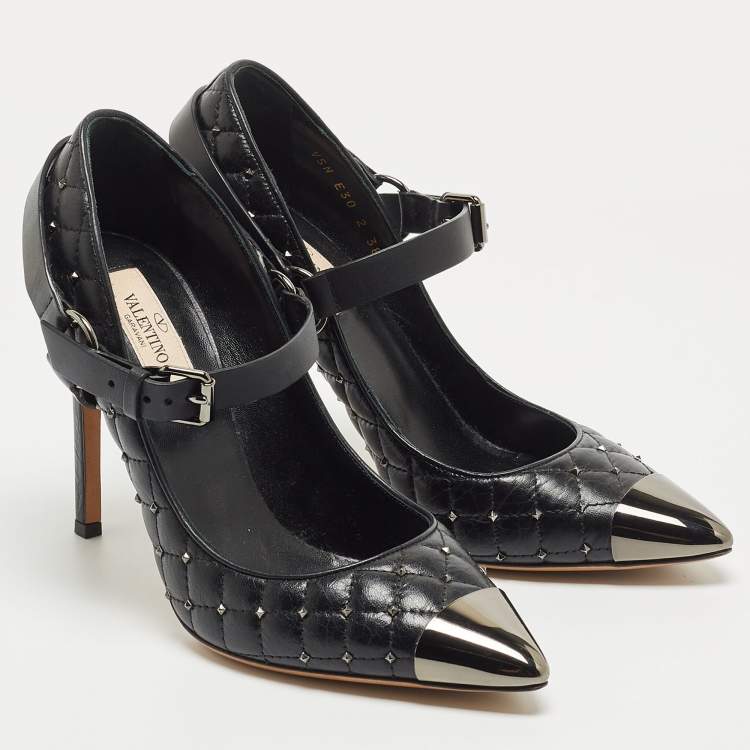 Pre Owned Valentino Black  Quitted Leather Pointed Toe Rockstud Pumps Size 38