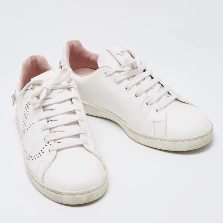 Pre Owned Valentino White/Pink Leather Backnet Sneakers Size 39