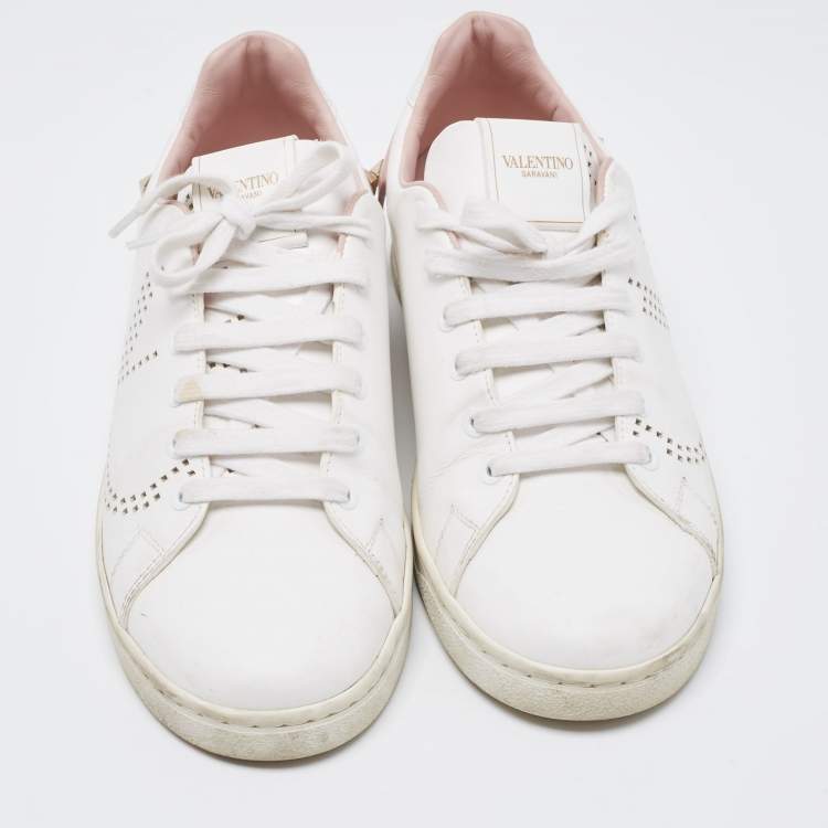 Pre Owned Valentino White/Pink Leather Backnet Sneakers Size 39