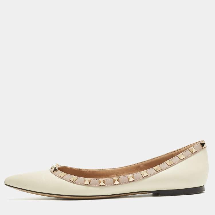 Pre Owned Valentino Cream/Beige Leather Rockstud Ballet Flats Size 38