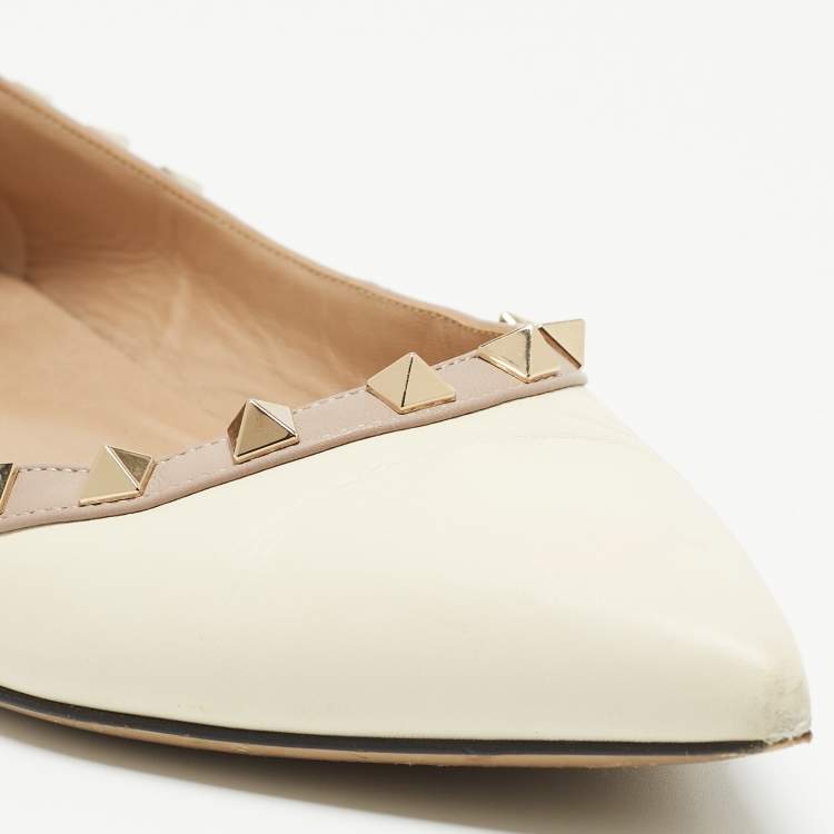 Pre Owned Valentino Cream/Beige Leather Rockstud Ballet Flats Size 38