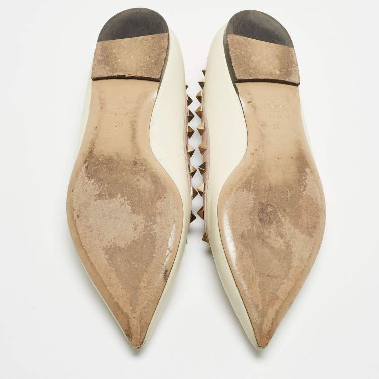 Pre Owned Valentino Cream/Beige Leather Rockstud Ballet Flats Size 38