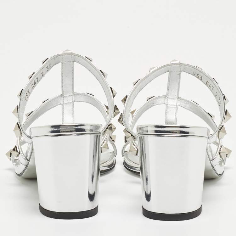 Pre Owned Valentino Silver Leather Rockstud Slides Size 38