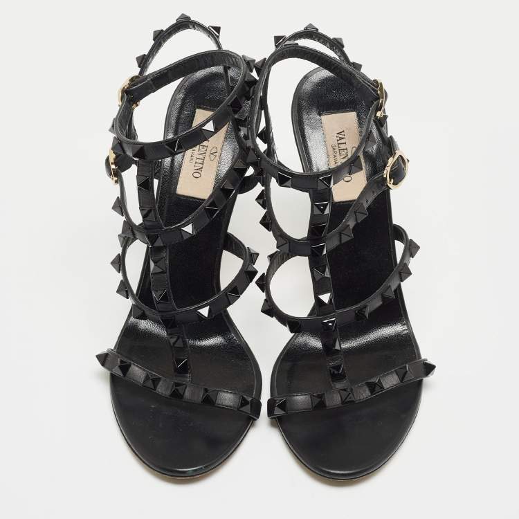 Pre Owned Valentino Black Leather Rockstud Cage Sandals Size 37