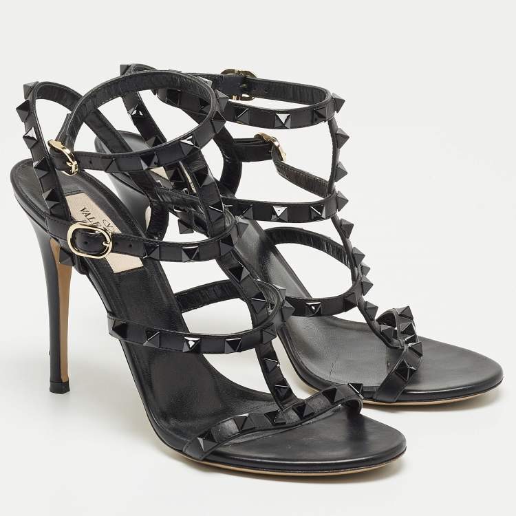 Pre Owned Valentino Black Leather Rockstud Cage Sandals Size 37