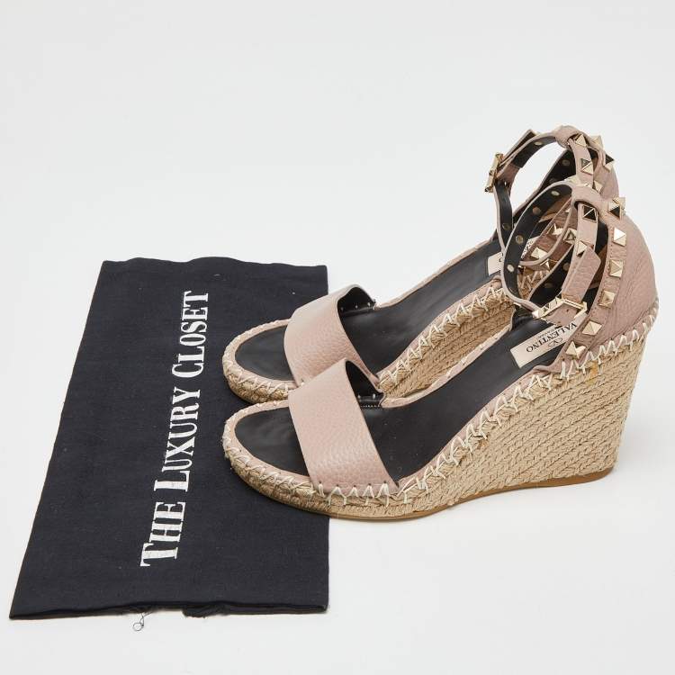 Pre Owned Valentino Pink Leather Rockstud Ankle Strap Wedge Espadrille Sandals Size 38