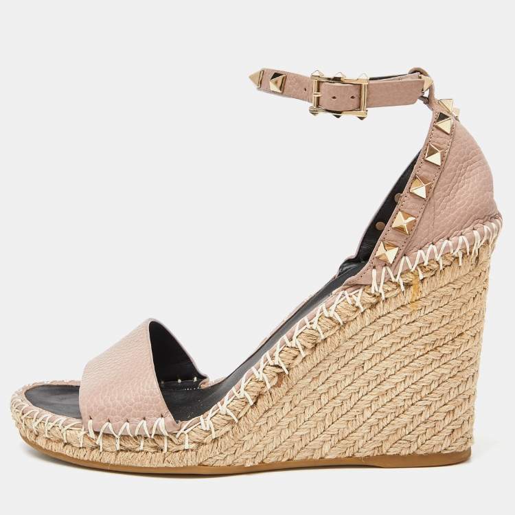 Pre Owned Valentino Pink Leather Rockstud Ankle Strap Wedge Espadrille Sandals Size 38