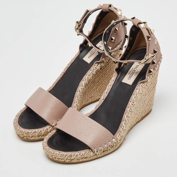 Pre Owned Valentino Pink Leather Rockstud Ankle Strap Wedge Espadrille Sandals Size 38