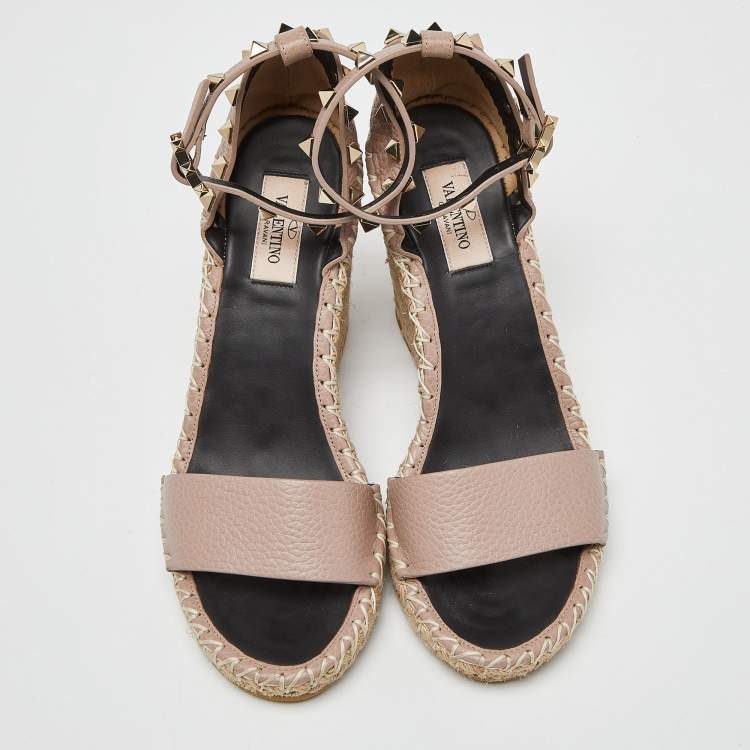 Pre Owned Valentino Pink Leather Rockstud Ankle Strap Wedge Espadrille Sandals Size 38