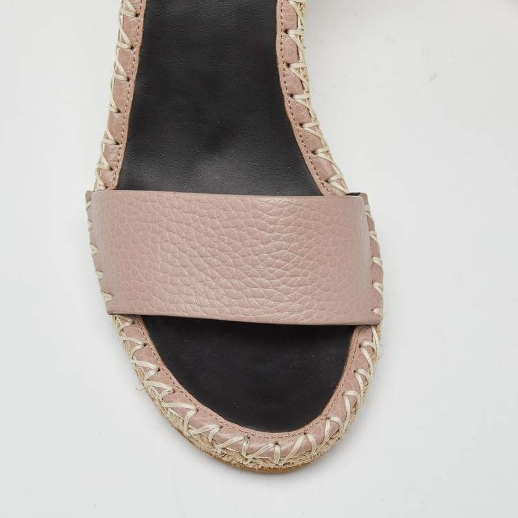 Pre Owned Valentino Pink Leather Rockstud Ankle Strap Wedge Espadrille Sandals Size 38
