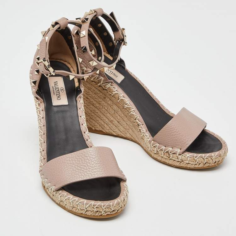 Pre Owned Valentino Pink Leather Rockstud Ankle Strap Wedge Espadrille Sandals Size 38
