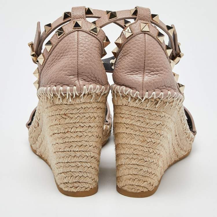 Pre Owned Valentino Pink Leather Rockstud Ankle Strap Wedge Espadrille Sandals Size 38