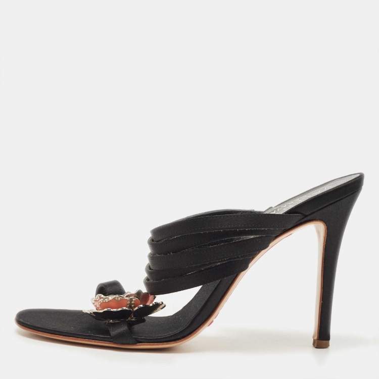 Valentino Black Satin Flower Embellished Thong Strappy Sandals Size 38  Valentino | The Luxury Closet