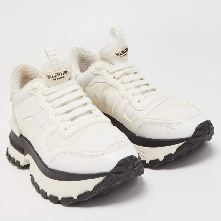 Pre Owned Valentino White Camo Print Leather and Canvas Rockrunner Platform Sneakers Size 38