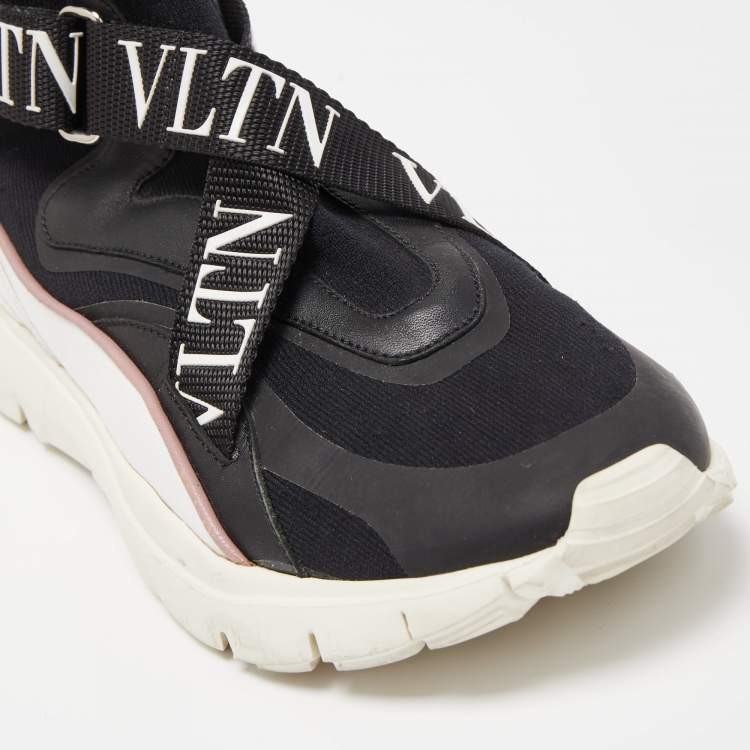 Pre Owned Valentino Black Knit Fabric and Leather VLTN High Top Sneakers Size 38