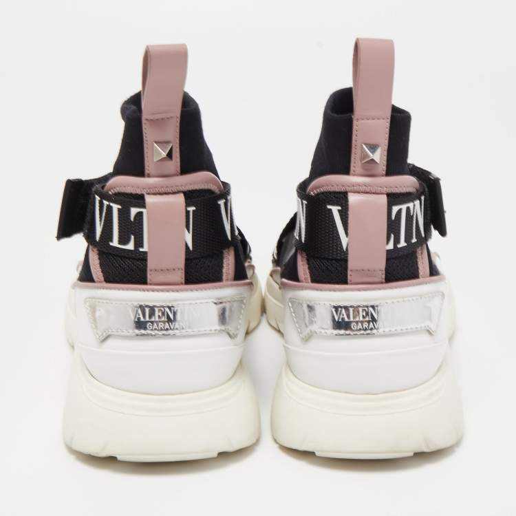 Pre Owned Valentino Black Knit Fabric and Leather VLTN High Top Sneakers Size 38