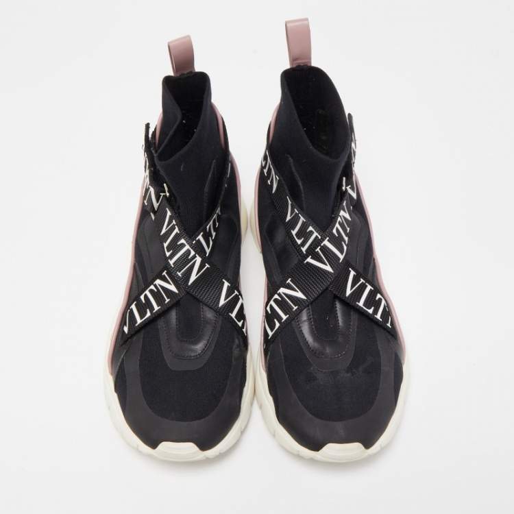 Pre Owned Valentino Black Knit Fabric and Leather VLTN High Top Sneakers Size 38