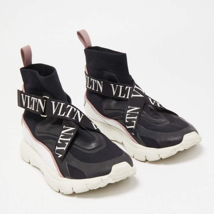Pre Owned Valentino Black Knit Fabric and Leather VLTN High Top Sneakers Size 38