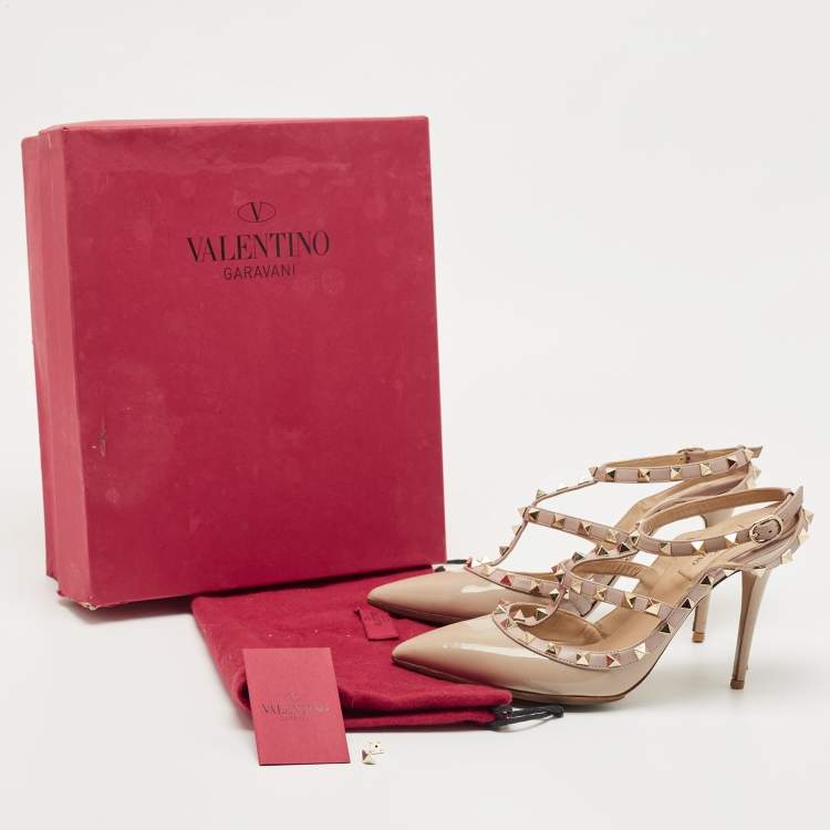 Pre Owned Valentino Beige Leather and Patent Leather Rockstud Pumps Size 39.5