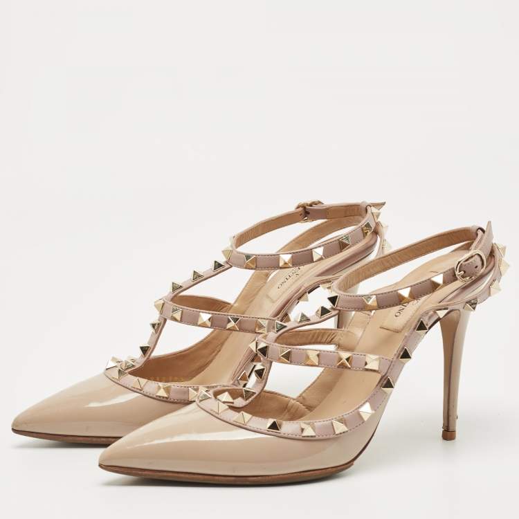 Pre Owned Valentino Beige Leather and Patent Leather Rockstud Pumps Size 39.5