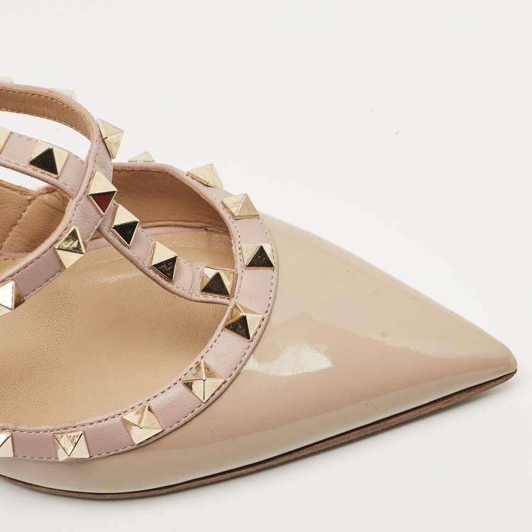 Pre Owned Valentino Beige Leather and Patent Leather Rockstud Pumps Size 39.5