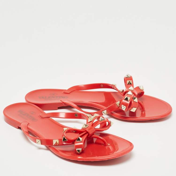 Pre Owned Valentino Red Rubber Bow Rockstud Thong Flat Slides Size 38