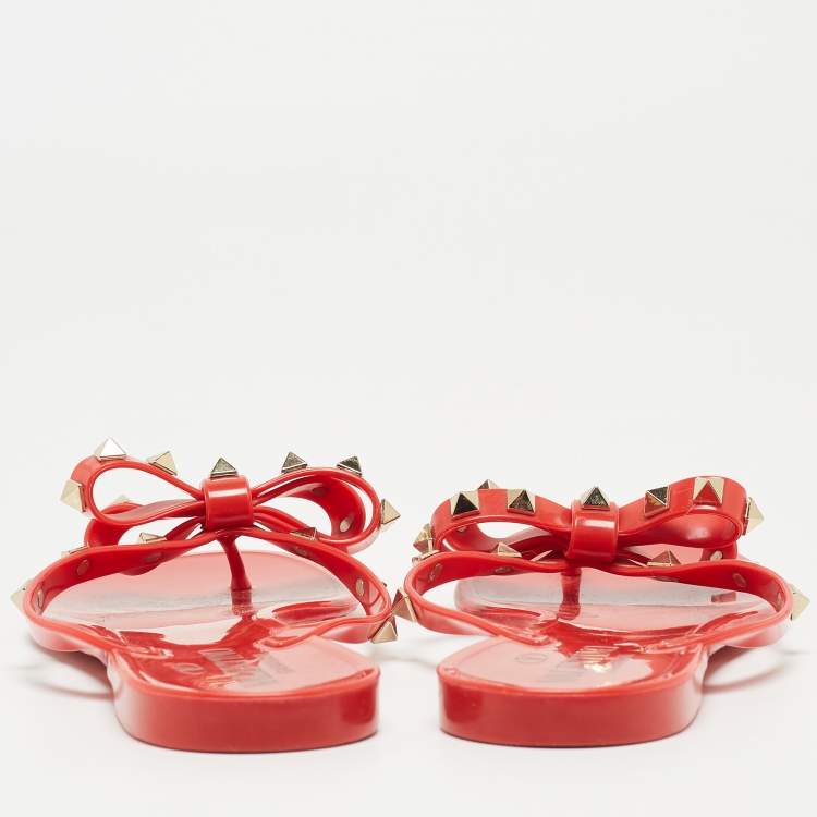 Pre Owned Valentino Red Rubber Bow Rockstud Thong Flat Slides Size 38