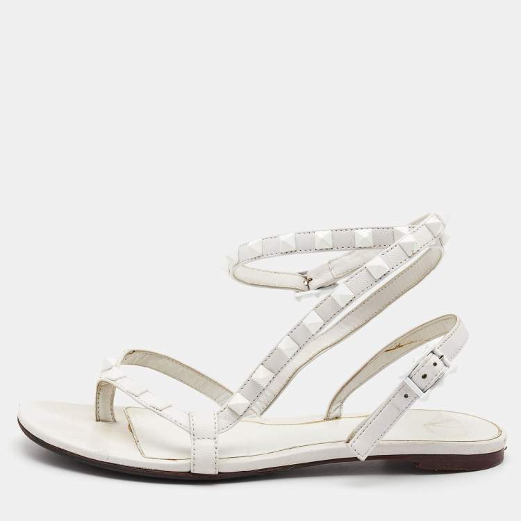 Pre Owned Valentino White Leather Rockstud Ankle Strap Flat Sandals Size 36